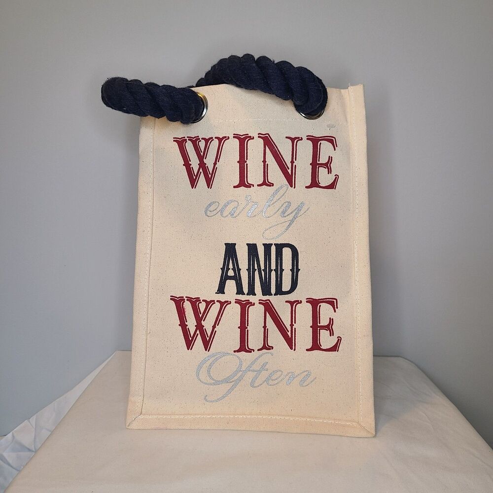 4-Bottle Wine Carrier Tote Bag Thick Canvas & Jute Rope “Wine Early Wine Often”